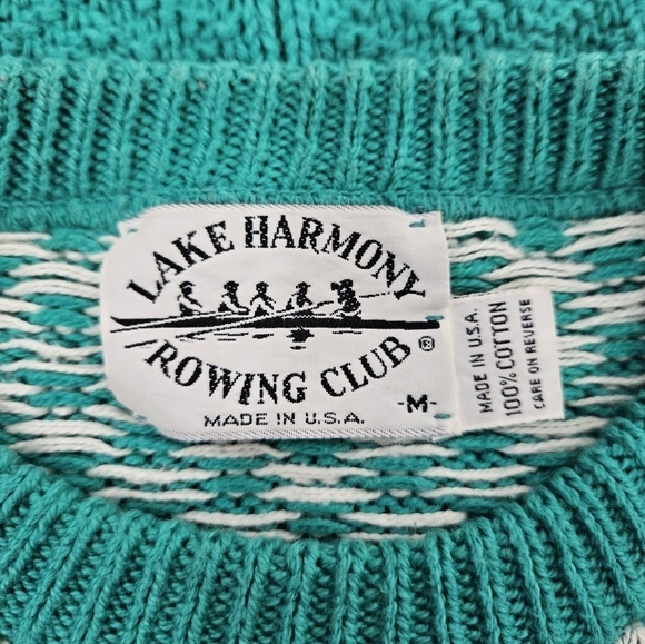 Vintage Lake Harmony Rowing Club Teal Bear Fair Isle Sweater Size Medium Men's - Picture 8 of 10